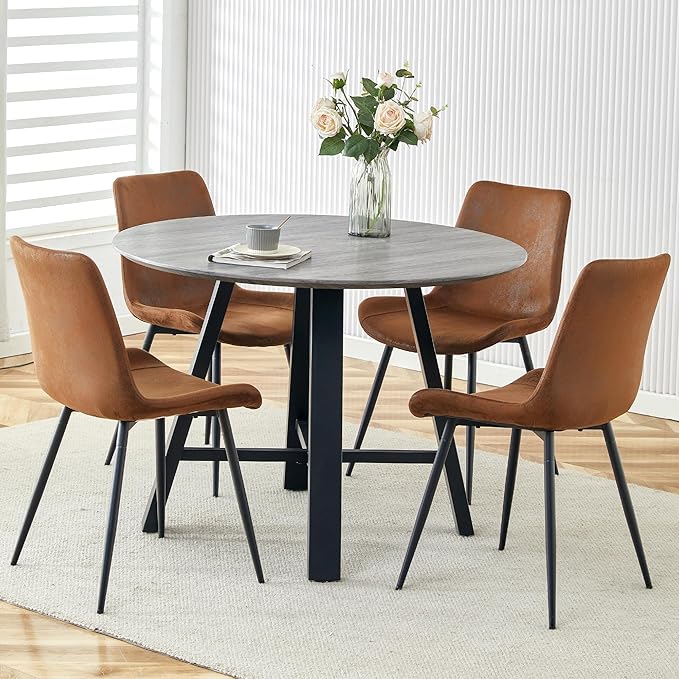 Modern Round Dining Table & Chairs Set for 4, 42" Wood Table with Upholstered PU Leather Chairs for Small Spaces