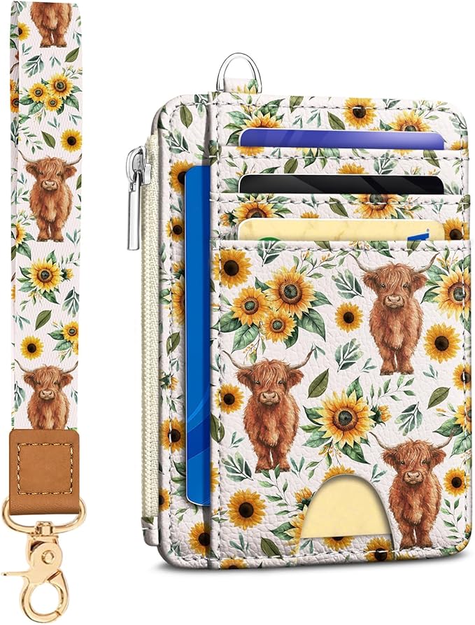 Kelvoris Credit Card Holder Small Wallet Women, Slim RFID, Highland Cows | Keychain, Zipper Coin Pocket, Front Pocket Thin Travel Card Case, Minimalist, 6 Card Slots, 1 ID Window, Ladies Gifts Woman
