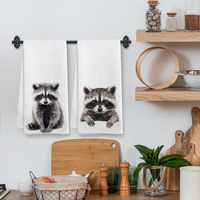 Funny Raccoon Kitchen Towels and Dishcloths Sets of 2, Raccoon Decor Gifts, Woodsy Rustic Cabin Lodge Forest Animal Nursery Home Decor Dish Hand Tea Towels for Bathroom Kitchen, 16x24 Inches