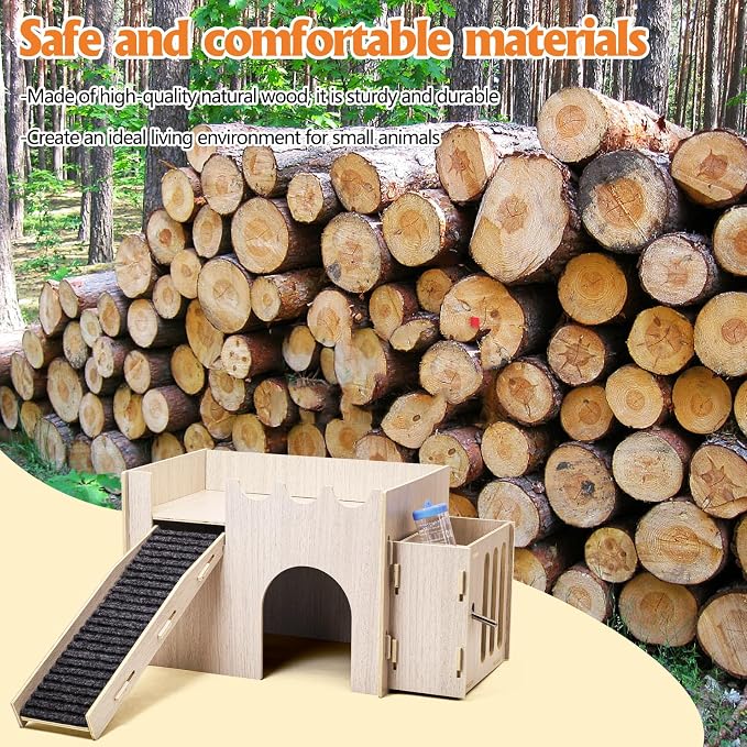 kathson Wood Guinea Pig Hideout Small Rabbit Hideout with Water and Hay Feeder Ramp, Easy to Assemble Wooden Hamster House for Small Animal Bunny Chinchilla Rat Hedgehog with 2xGuinea Pig Cage Liners
