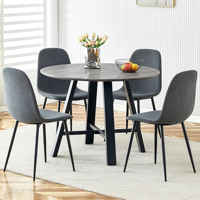 Round Dining Table Set for 4, Modern Kitchen Dining Table and Chairs Set for 4,42" Dining Room Table Set for 4,Round Wood Table Set for 4 with Gery Fabric Chairs for Small Space Kitchen Office