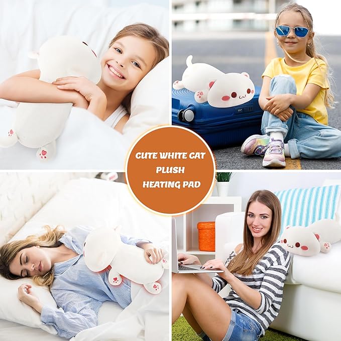 1.8lb White Cat Stuffed Animals Plush Microwavable Heating Pad-14'' White Cat Heating Pads for Cramps &Period Pain Relief, Heatable & Coolable Stuffed Animals Bedtime Birthday Gift for Women Kids