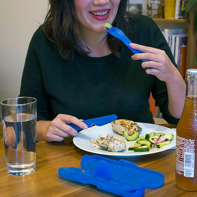 humangear GoBites Trio | Travel & Camping Utensils | Portable & Convertible Dining Ware | Multi-Functional Spork & Knife, Blue