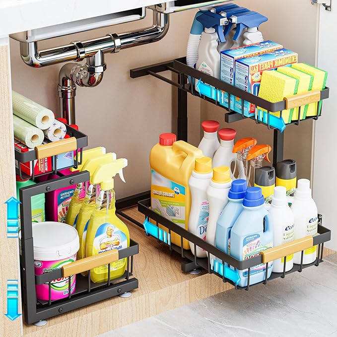 ADBIU Under Sink Organizer 2 Pack, 2 Tier Pull Out Cabinet Organizer with Expandable Height (13.2"-17.2"), Slide Out Metal Storage Shelves for Kitchen, Bathroom, Pantry and Under Cabinet