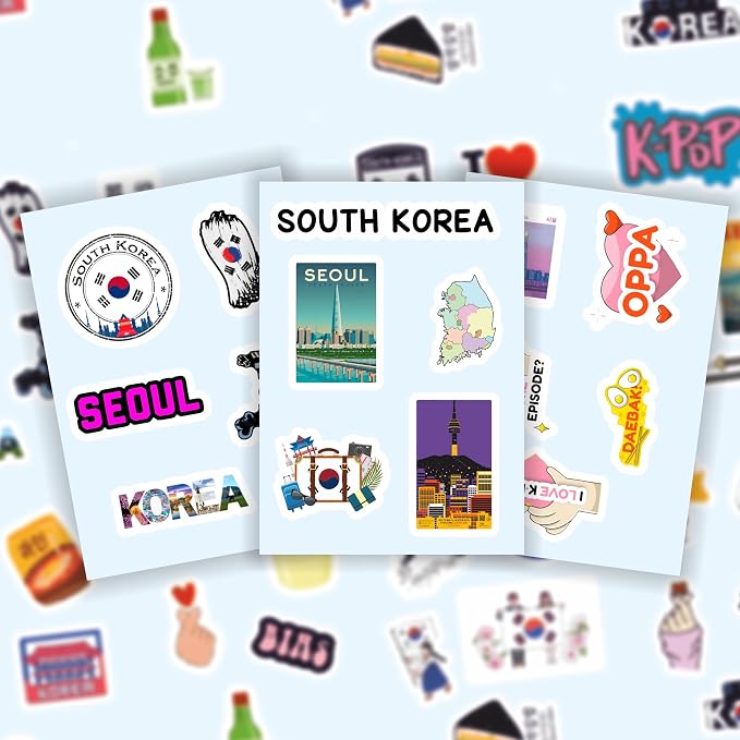 South Korea Stickers, Korean Stickers for Water Bottle & Laptop - South Korea Party Supplies & Decorations, Waterproof Vinyl Decals, Gifts for Women & Men