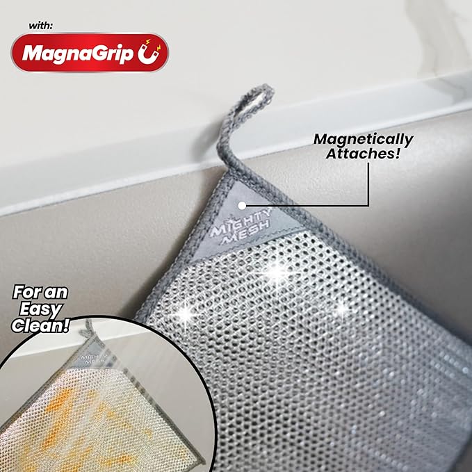 Mighty Mesh Pro Steel Mesh Cloths (8 Pack) with MagnaGrip Magnetic Storage | Powerful, Non-Scratch Kitchen Scrubber | Easy-Clean, Odor-Resistant Design for All Surfaces