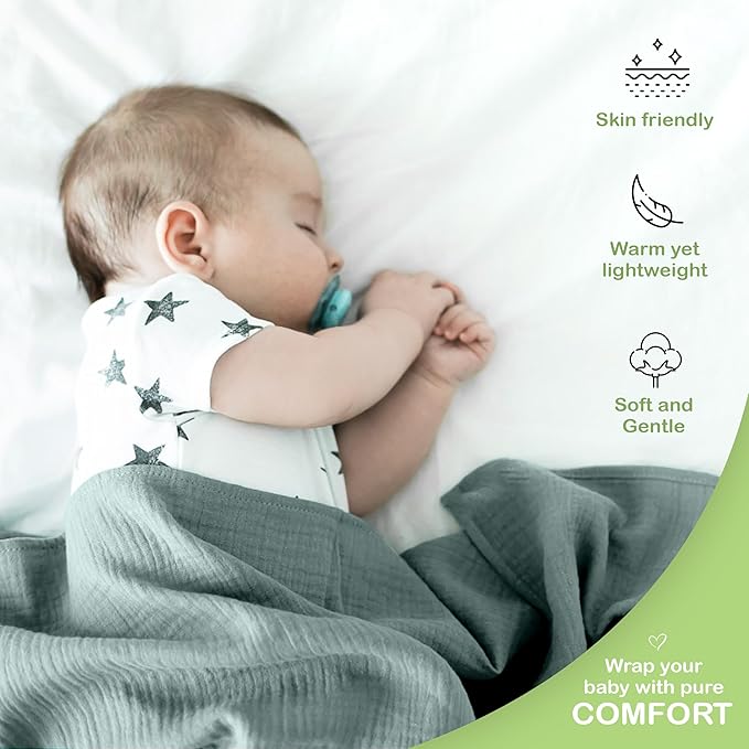 Organic Cotton Muslin Baby Blanket - 47x47 Inch Breathable Swaddle, Hypoallergenic Double-Layer, Versatile Use (Green/Mint Green, 47x47 Inch)