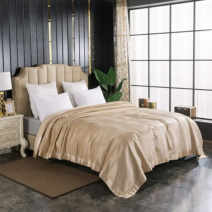 EP Mode Luxury Mulberry Silk Blanket with Silk Charmeuse Border (Rugby Tan, Queen 88" x 88")