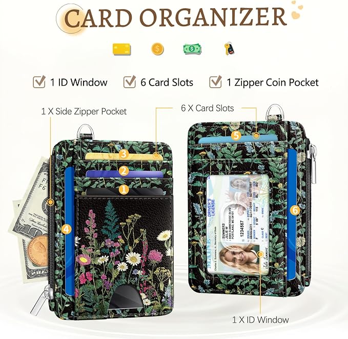 Kelvoris Credit Card Holder Small Wallet Women, Slim RFID, Wild Flowers | Keychain, Zipper Coin Pocket, Front Pocket Thin Travel Card Case, Minimalist, 6 Card Slots, 1 ID Window, Ladies Gifts Woman