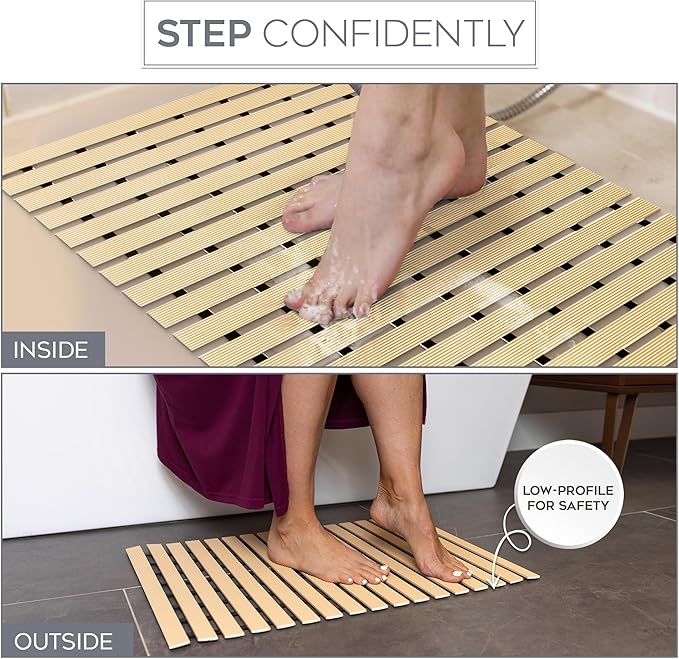 NativeSkins Faux Bamboo Bath Mat - Non-Slip Safety Lining, Waterproof, Quick-Drying for Shower, Spa, Sauna - Large 16.9 x 30.7 in Teak