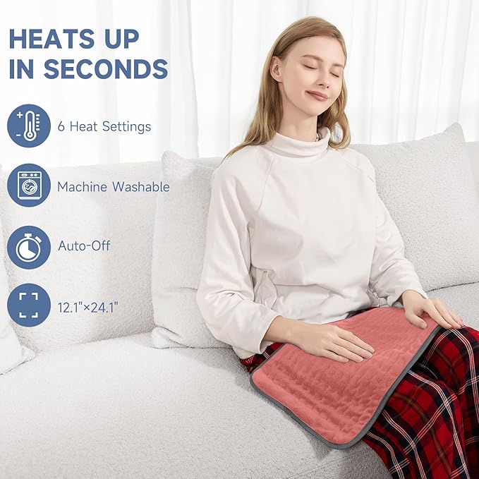 Portable Heating Pad for Back Pain, Travel Electric Heat Pad with Moist Heat Option, 6 Heat Levels & Auto Shut-Off, Soft Washable Cover, Ideal for Office, Home, or Travel Use