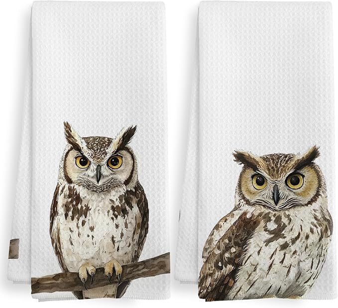 Funny Fall Owl Kitchen Towels and Dishcloths Sets of 2, Owl Home Decor Gifts for Women, Woodsy Rustic Cabin Lodge Forest Nursery Decor Dish Hand Tea Towels for Home Bathroom Kitchen,16x24Inch