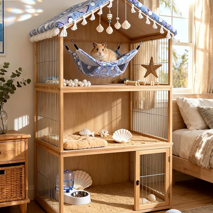 Guinea Pig Ferret Hammock for Cage - Machine Washable Double-Decker Hanging Bed - Fits Sugar Glider,Fancy Rat,Hamster,Gerbil - 13.3" x 13.3" - Love Purple Pattern