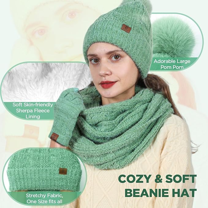 Womens Beanie Hat Infinity Scarf Touchscreen Gloves Fleece Headband 4 in 1 Winter Clothes Set Gifts for Women