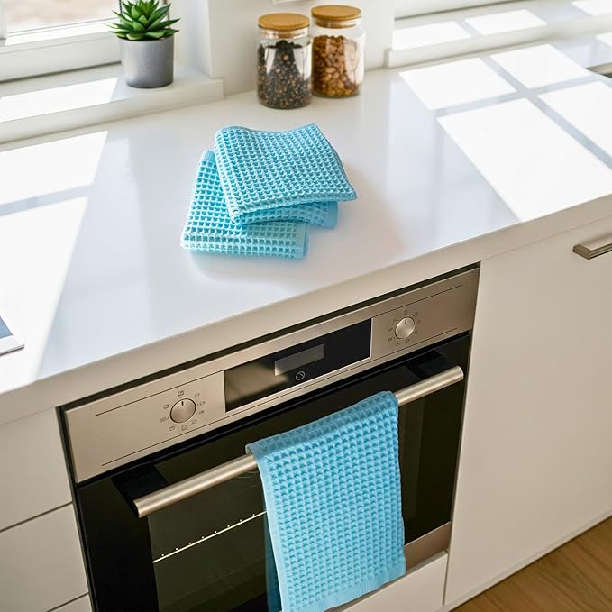 PÜSKÜL - Set of 3 Organic Waffle Hand Towel Turquoise - Premium Quality, 100% Turkish Cotton, Soft, Quick-Dry, Absorbent, Lint-Free Face Kitchen Hand Towels (Turquoise, Hand Towels - Pack of 3)