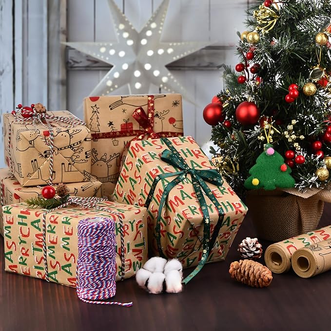 AhfuLife 2 Rolls Christmas Wrapping Paper, 17 Inch × 49.2 Feet Per Roll - Recyclable Kraft Xmas Wrapping Paper - Reindee Design for Kids Gift Box Birthday Party Decoration
