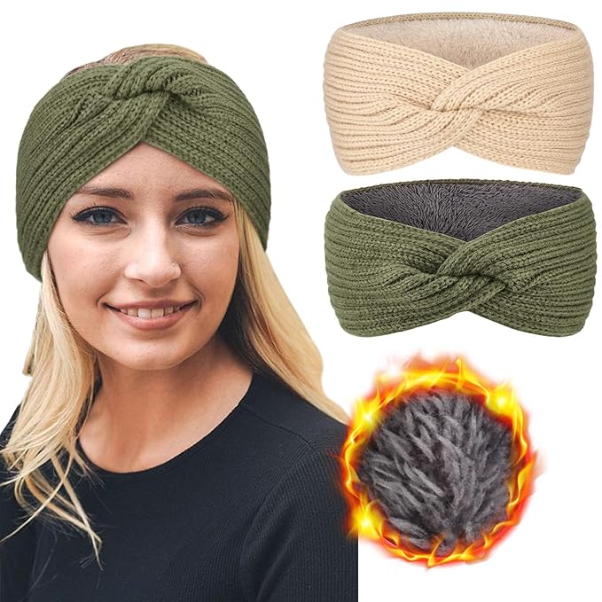 AQOKKA Knit Winter Headbands for Women Fuzzy Wool Fleece Lined Ear Warmers Elastic Turban Crocheted Head Wrap Winter Accessories for Women Cold Weather