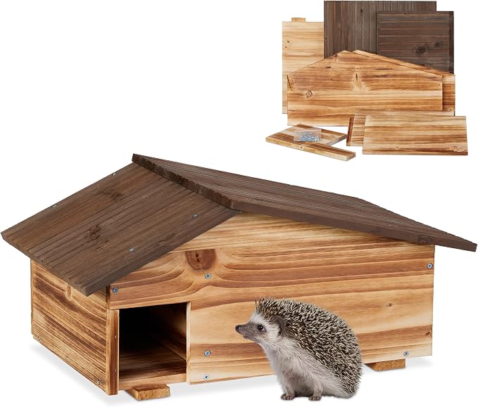 Relaxdays House, Wood, Hotel with Floor, 2 Chambers, Winter Quarters for Hedgehogs, Garden, HBT: 24 x 46 x 33.5 cm, Brown, 95% 5% Iron, 24x46x33,5 cm