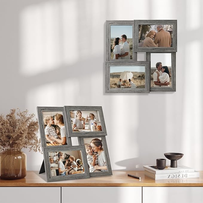 4x6 Collage Picture Frames, Multi Family Photo Frame with Real Glass, Displays Four 4x6 Photo, Wall Decor Wall Hanging or Tabletop, Grey