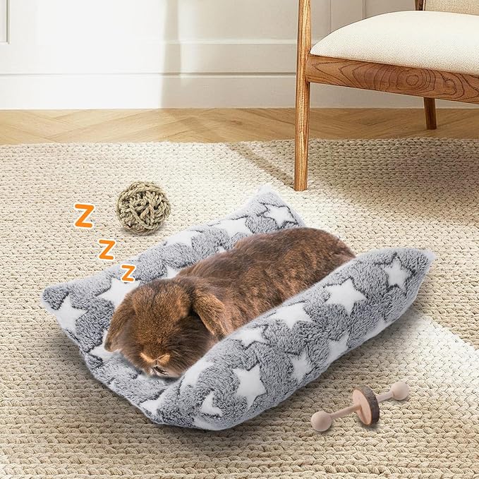 MEWTOGO 15.7" x 14" Bunny Bed for Rabbit Cage, Thickened & Soft | Prevent Sore Hocks Plush Mat with Cotton Lounger Pillows, Small Animal Flop Mat for Hutch Sleeping Indoor, Gray-Star