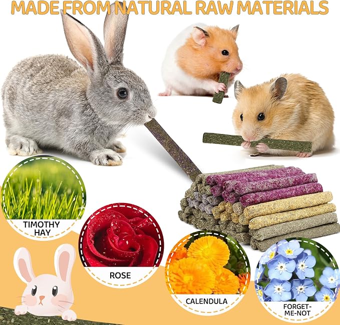 52Pcs Rabbit Chew Sticks, Guinea Pig Toys, Natural Timothy Teeth Stick | Rabbit Bunny Chew Sticks Toys for Teeth Mixing Flowers, Roses, Calendula and Forget Me Not, Small Animals Treats