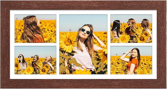 11x23 Picture Frame Display 5 opening 5x7 and 8x10 Picture Frame Collage,Multi Photo Frame with Mat,Plexiglass,Horizontal and Vertical Formats for Wall Decor,Walnut Wood Grain