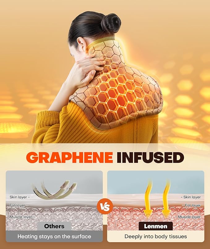 Graphene-Infused 1Min Fast Heating Pad, Deeper Relief Weighted Heating Pads for Neck and Shoulders and Back, Heated Wrap with 6 Heat Options 4 Auto Timer, Gifts for Men Women Mom Christmas