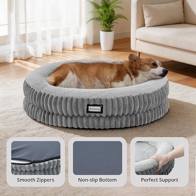 BALANCE Donut Dog Bed, 30 Inches Round Dog Bed Medium Size Dogs Washable, Orthopedic Calming Dogs Beds for Kitten, Fluffy Plush Faux Fur Pet Bed with Anti-Slip Bottom