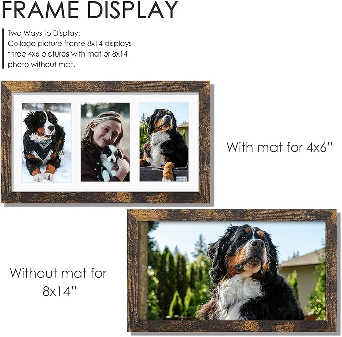 8x14 Collage Picture Frame 4x6 Collage Picture Frame Displays Three 4x6 inch Photos or 8x14 (Without Mat) for Available Horizontal Wall Mounting Display and Vertical Brown