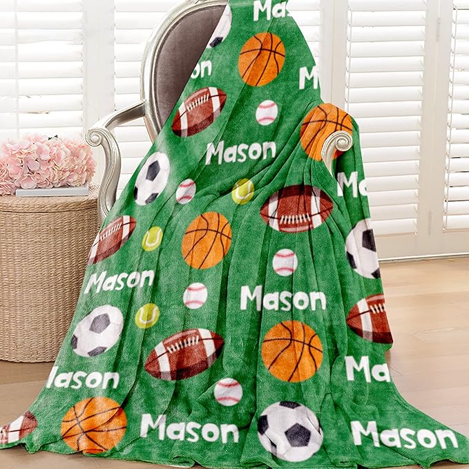 Custom Ball Blanket with Name for Boys, Personalized Name Blanket for Kids Ball, Soft Flannel Customized Gift for Birthday Christmas Baby Shower Children Day 40"x50"