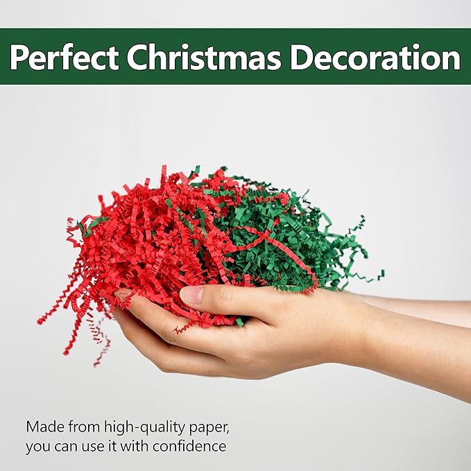 Bobobag 1LB Christmas Crinkle Cut Paper Shred Filler Recyclable Gift Wrap confetti Raffia Grass Shred Paper for Christmas Gift Wrapping Basket Filling Box Filling Party Decor (Red/Green)