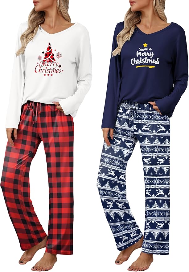 Ekouaer Womens 2 Pack Pajama Set Long Sleeve Pajamas Top and Pants V Neck Pjs Set Soft Loungewear with Pockets