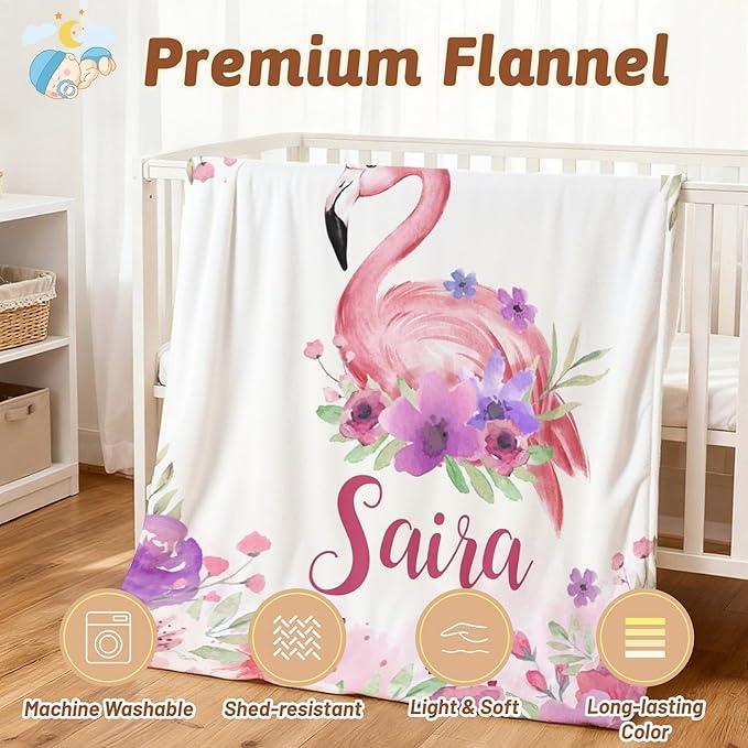Personalized Baby Blanket with Name, Customized Soft Animals Flannel Blankets for Newborn Boys Girls and Toddlers, for New Mom, Infant Birthday Gift, Flamingo