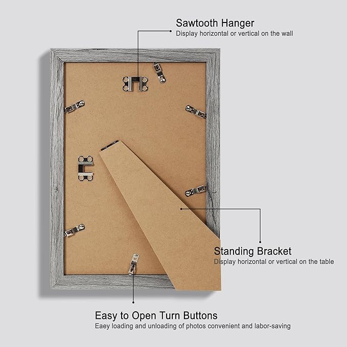 8x12 Picture Frame Set of 4, Made of Glass and Grey Wooden Frame - Display 6x8 Picture with Mat or 8 x 12 Poster Without Mat, 8 by 12 Photo for Wall or Tabletop