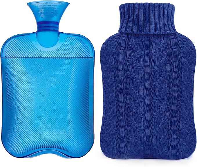 samply Hot Water Bottle with Knitted Cover, 2L Hot Water Bag for Hot and Cold Compress, Hand Feet Warmer, Ideal for Menstrual Cramps, Neck and Shoulder Pain Relief,Navy