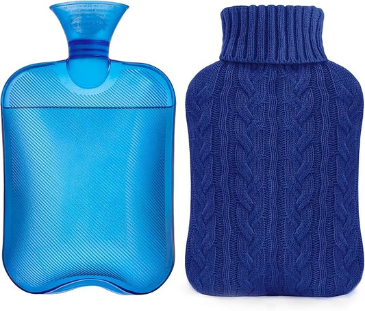 samply Hot Water Bottle with Knitted Cover, 2L Hot Water Bag for Hot and Cold Compress, Hand Feet Warmer, Ideal for Menstrual Cramps, Neck and Shoulder Pain Relief,Navy
