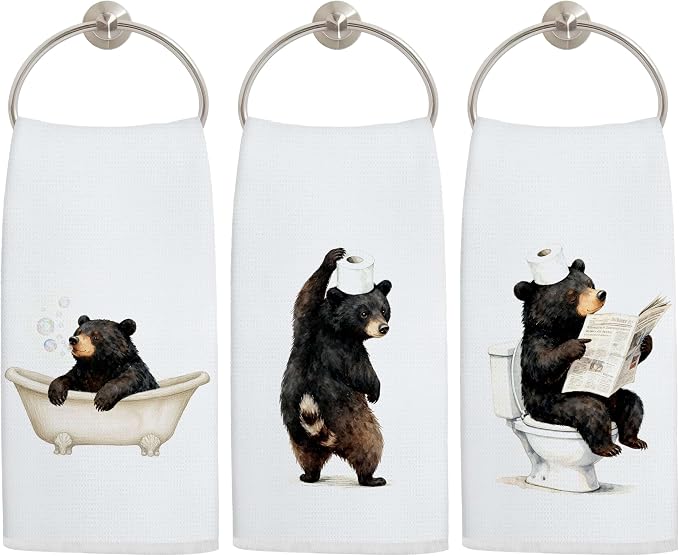 Funny Black Bear Bathroom Hand Towels, Bear Lover Gifts, Humor Bathing Bears Animal Decorative Hand Towels for Bathroom Washroom Restroom, 16x24 Inch Set of 3