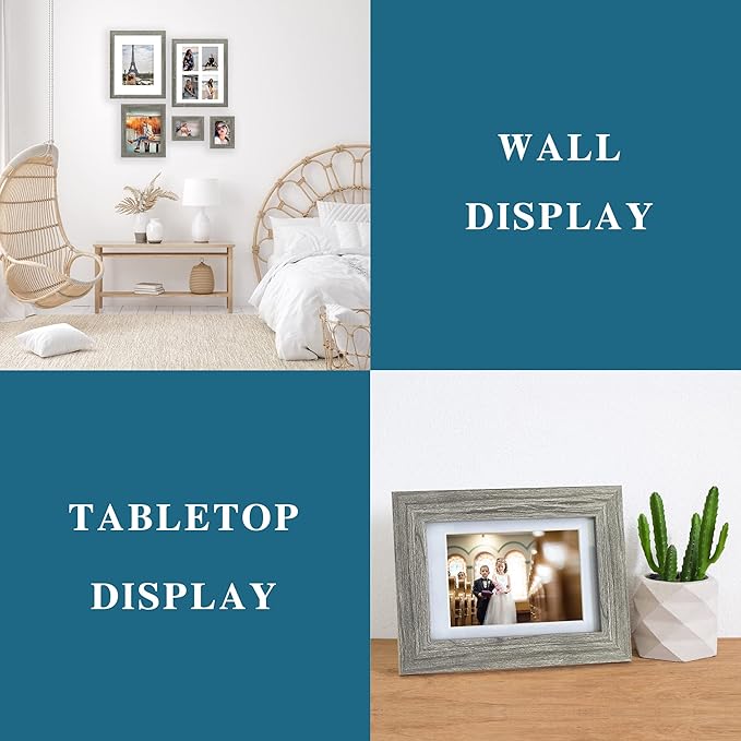 5x7 Picture Frame Set of 4, Made of Real Glass and Grey Wooden Frame, 5 by 7 Photo for Wall or Tabletop - Display Picture 4x6 with Mat or 5x7 Without Mat