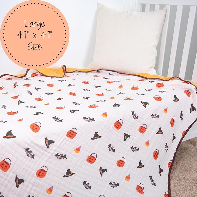 LollyBanks Muslin Baby Blanket 100% Organic Cotton, Muslin Quilt Lightweight, 6 Layers Soft Blanket Neutral, 47"x 47" Toddler Blankets for Girls and Boys (Pumpkin,Bat,Witch Hat/Halloween Print)