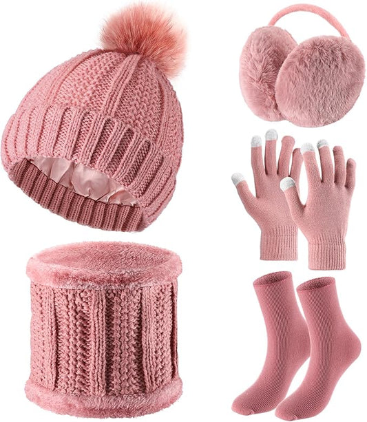 SATINIOR 5 Pcs Winter Satin Lined Hat Scarf Gloves Set Knit Pompom Beanie Warm Touchscreen Glove Earmuff Ear Warmer for Women
