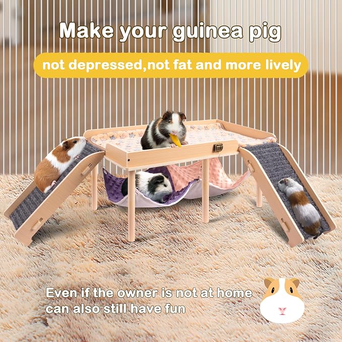 BESNEW Enlarged Guinea Pig Hammock with Platform and Stairs,Wooden Foldable Piggies Hideout for Guinea Pigs Bunny Ferret Hamster Hiding Sleeping Activities 24L x 12W x 11H in（Double）