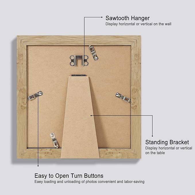 8x8 Picture Frames Set of 4, Made of Glass and Natural Oak Wooden Frame - Display Picture 6x6 with Mat or 8 x 8 Without Mat, 8 by 8 Photo for Wall or Tabletop