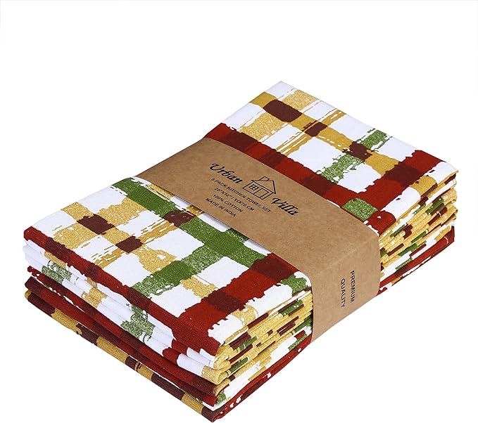 Urban Villa Fall Kitchen Towels Harvest Checks Print Dish Towels Set of 6 20"X30” 100% Cotton Highly Absorbent Quick Drying Dish Cloths & Dish Towels Thanks Giving Tea Towels with hanging loop Towels