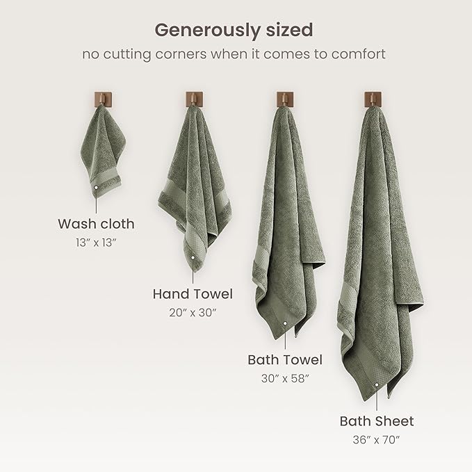 BIOWEAVES 100% Organic Cotton Bath Towel Set | 700 GSM Plush 6-Piece Premium Towel Set GOTS Certified, 2 Bath Towels, 2 Hand Towels & 2 Washcloths - Sage