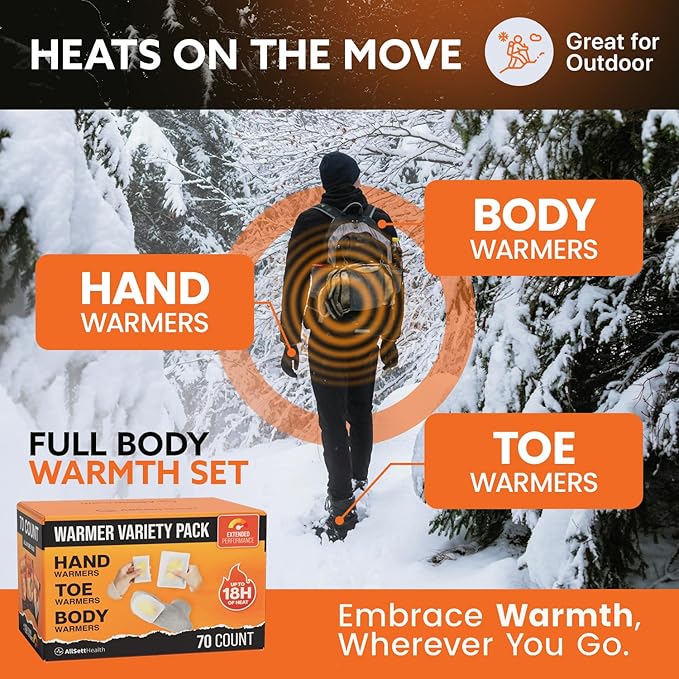 Hand Warmers Variety Set - 70 Count Ultimate Value Pack – 10 XL Body Warmers, 10 Pairs Hand Warmers, 20 Pairs Toe Warmers with Adhesive – Air Activated Heat Packs for Cold Weather and Outdoors