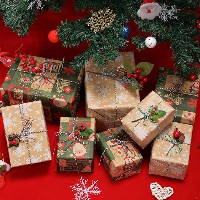 AhfuLife 2 Rolls Christmas Wrapping Paper - 17 Inch × 49.2 Feet Per Roll, Recyclable Snowflake Kraft Xmas Wrapping Paper Roll for Christmas Gift Box Birthday Party Decoration -138 sq. ft. ttl