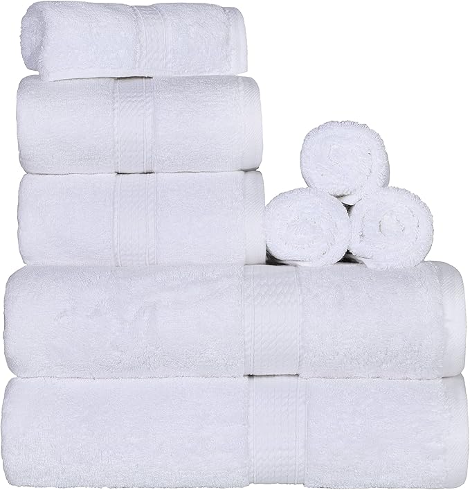 BLUENILEMILLS Madison Egyptian Cotton Towels, Towel Set for Bathroom, Shower, Hotel, Plush, 900 GSM, Highly Absorbent and Ultra-Soft Towels, Bath Essentials, 8 Piece Assorted Towel Set, White