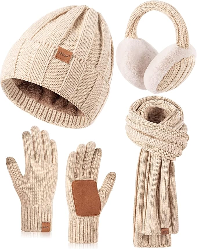 Winter Hat Gloves Scarf Earmuffs Set for Women, Fleece Lined Beanie Long Scarf Touchscreen Gloves Ear Warmer, 4 in 1 Gift Set