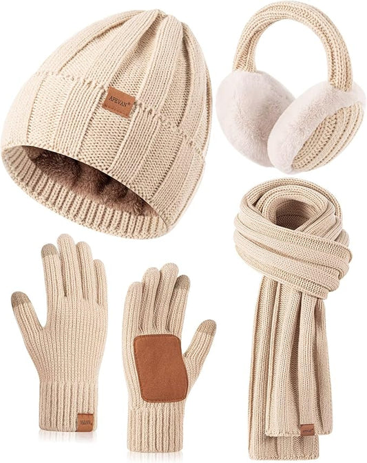 Winter Hat Gloves Scarf Earmuffs Set for Women, Fleece Lined Beanie Long Scarf Touchscreen Gloves Ear Warmer, 4 in 1 Gift Set