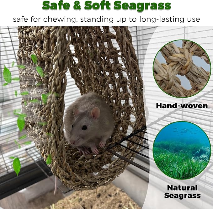 2Pcs 30x7in Rat Climbing Toys for Cage, Chewable Natural Seagrass Mat | with Metal Hooks, Soft Fall Breakers for Rats, Rat Ladder Bridge Toy with Mild Grassy Scent, Rodent Hammock Cage Accessories